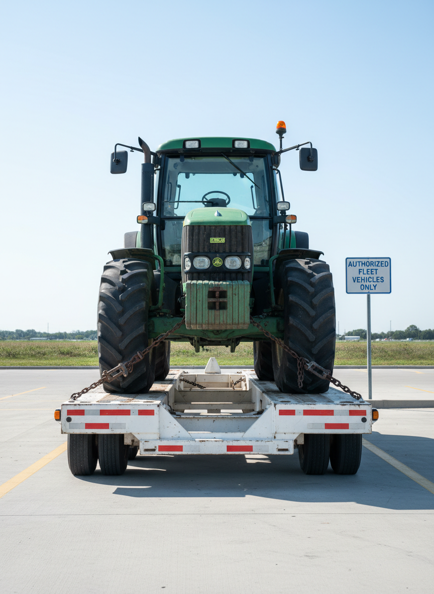 A robust agricultural tractor with weathered green paint and prominent black tires is securely fastened on a bright white, heavy-duty transportation trailer. The ensemble is positioned in an immaculate parking area, bordered by crisp road markings and minimalist signage, under cool midday sunlight that casts precise, low-contrast shadows. Shot from a low-eye-level perspective to accentuate scale, the composition is centered and balanced, with sharp focus throughout and a neutral palette that prioritizes visual clarity. The atmosphere is orderly and efficient, embodying trustworthiness with a clean, modern photographic style suitable for a corporate fleet site.