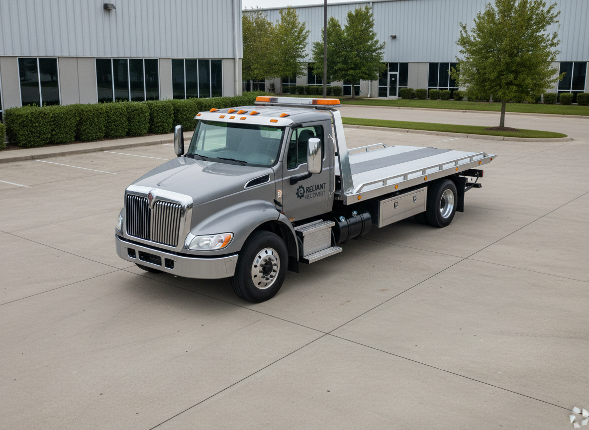 A heavy-duty flatbed tow truck with a steel platform, finished in neutral metallic gray with subtle branding, is parked precisely on a clean concrete industrial lot. The truck’s glossy finish reflects the soft overcast daylight, with gentle highlights outlining the cab and platform. The background is composed of blurred, low industrial buildings and neatly landscaped shrubbery, reinforcing the tidy, professional setting. Captured at a slightly elevated, three-quarter angle, the shot balances the vehicle prominently in the frame, using clean lines and a structured composition. The overall mood is reliable and calm, with a corporate, photographic realism that emphasizes the company’s professionalism and readiness.